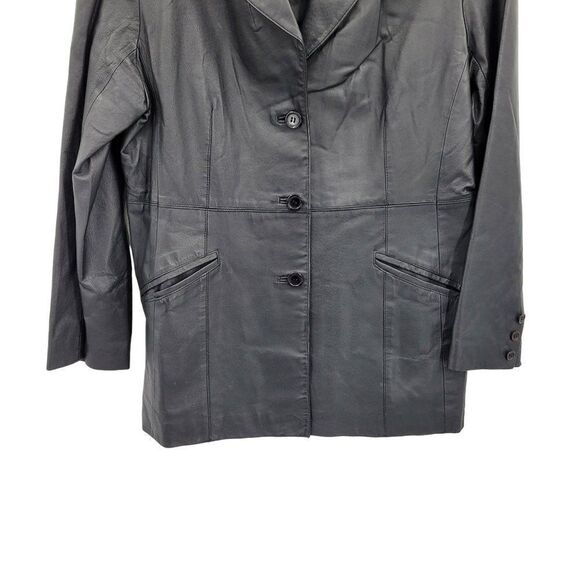 Vintage 80s Newport News Leather Coat Blazer Notched Collar Button Down Black 18 - Picture 8 of 15